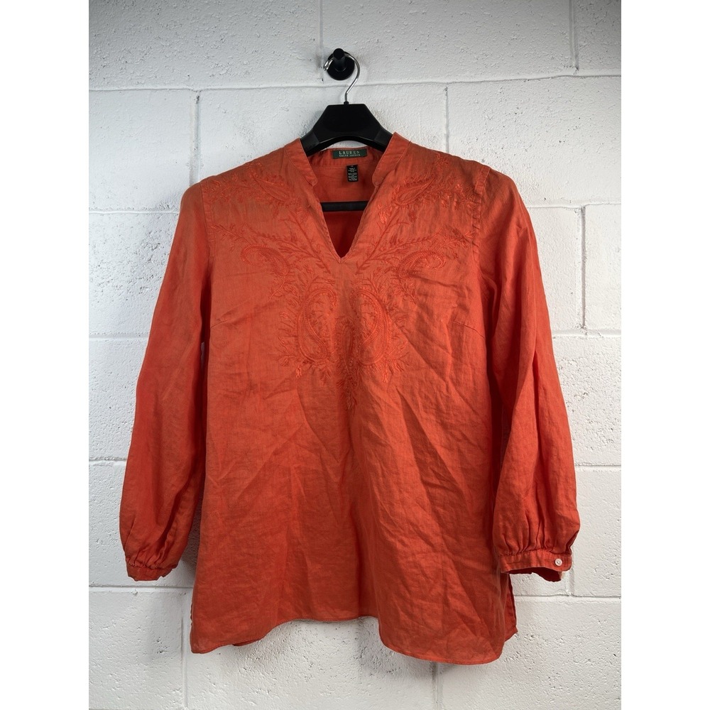 Ralph Lauren 100% Linen Embroidered Tunic Top 1X Popover Long Sleeve Orange Boho